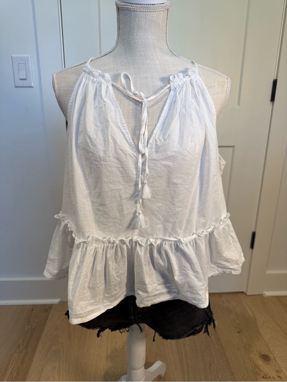 Karlie White Ruffle-Hem Halter Tank Top